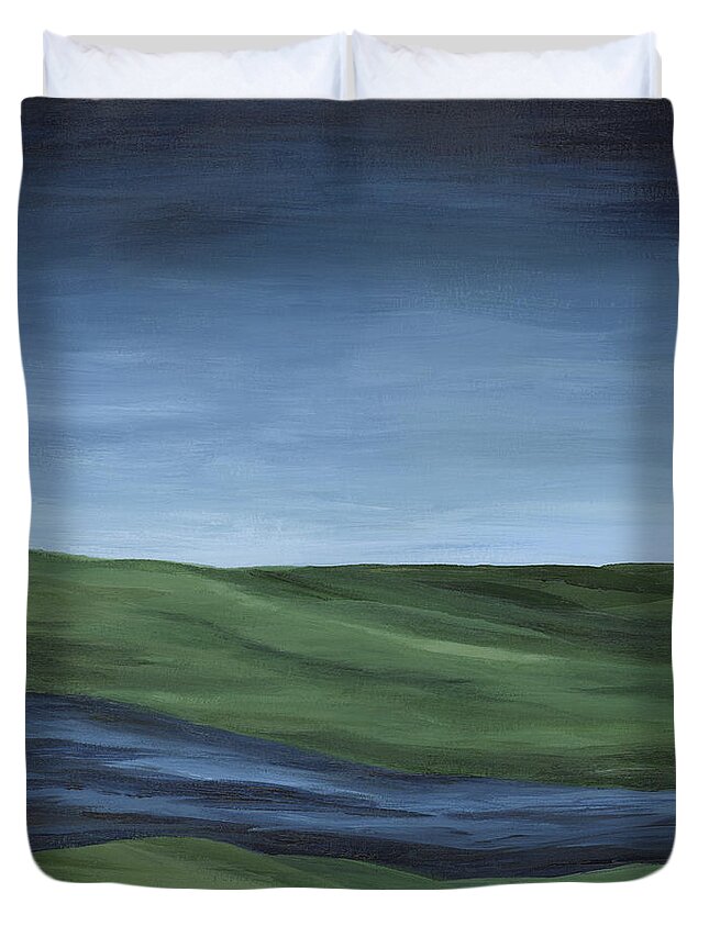 Navy Blue Duvet Cover featuring the painting River Run Valley by Rachel Elise