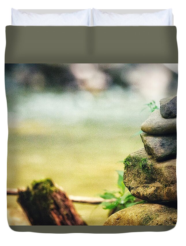 Photo Duvet Cover featuring the photograph Riverside Cairn by Evan Foster