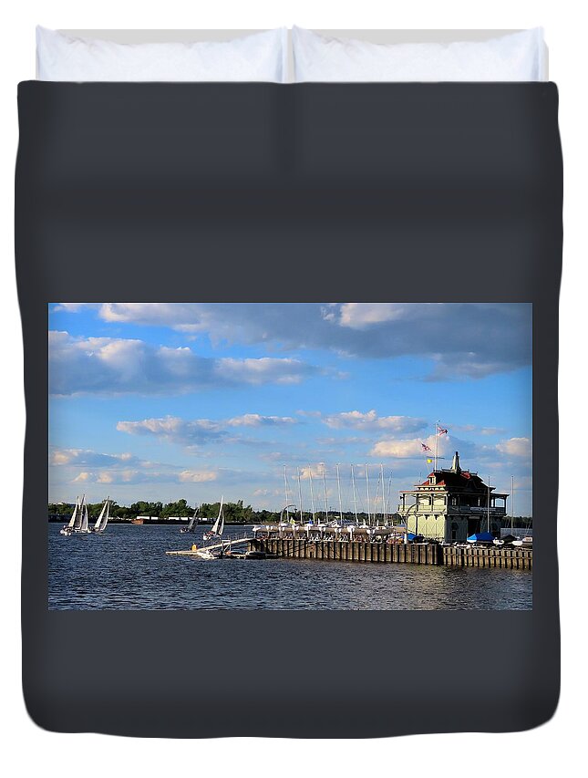 Yacht Clubs Duvet Cover featuring the photograph Riverton Yacht Club and Sailboats on the Delaware by Linda Stern