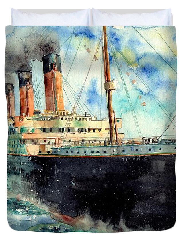 Rms Titanic Duvet Cover featuring the painting RMS Titanic White Star Line Ship by Suzann Sines