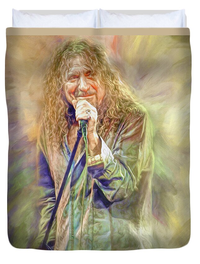 Robert Plant Duvet Cover featuring the mixed media Robert Plant Zep by Mal Bray