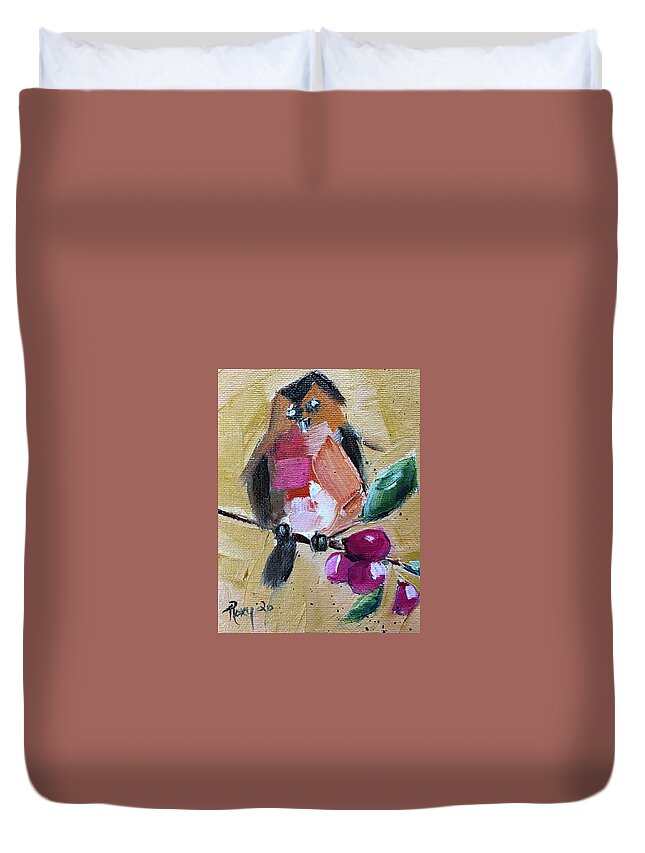 Robin Duvet Cover featuring the painting Robin on a Berry Branch by Roxy Rich
