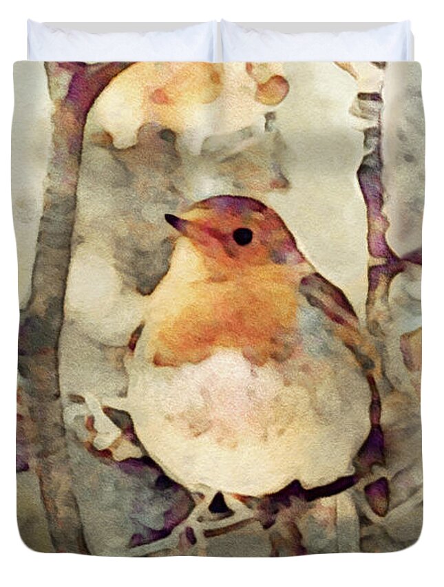 Robin In A Tree Duvet Cover featuring the digital art Robin Song of Spring by Susan Maxwell Schmidt