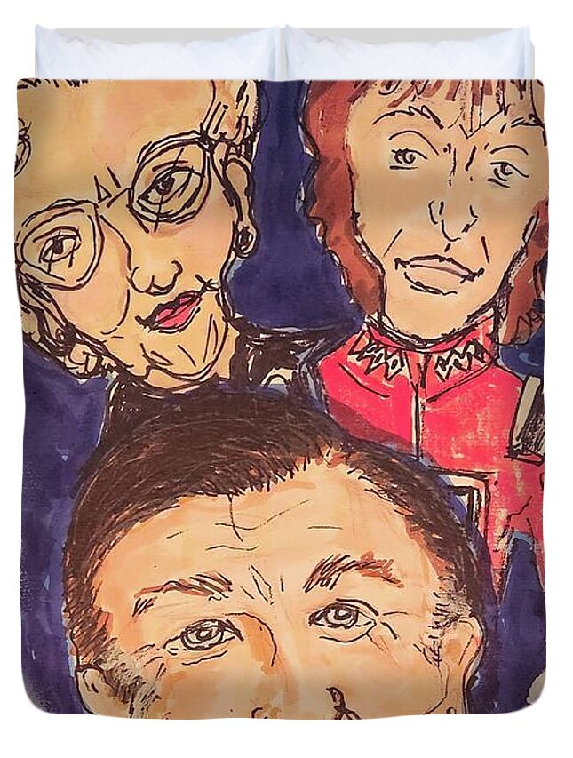 Robin Williams Duvet Cover featuring the mixed media Robin Williams Mork and Mindy Mrs. Doubtfire by Geraldine Myszenski