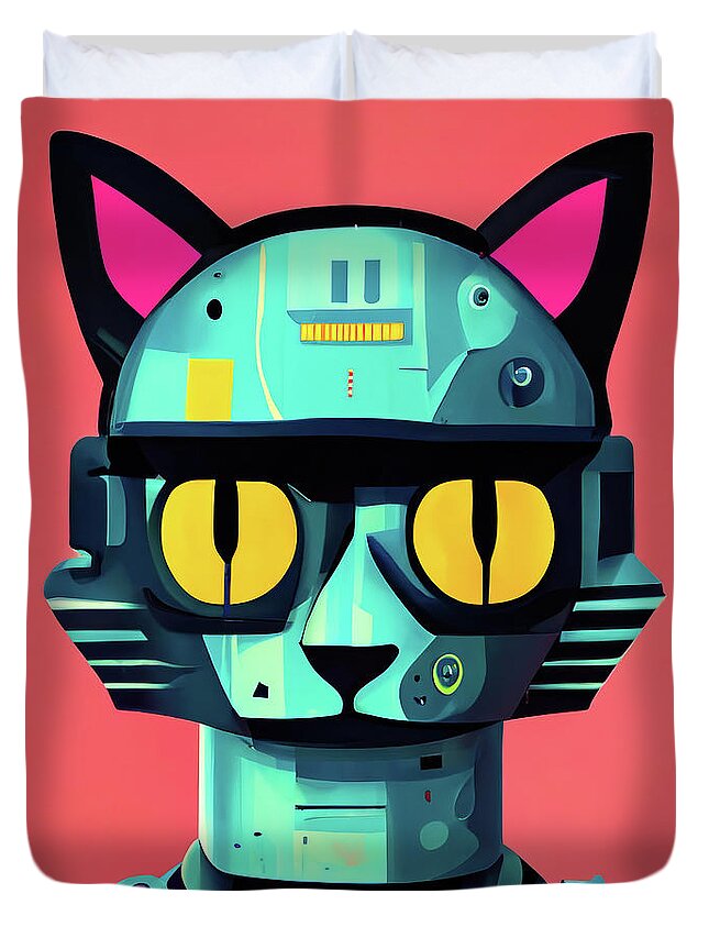 Cat Duvet Cover featuring the digital art Robot Cat Portrait 01 by Matthias Hauser