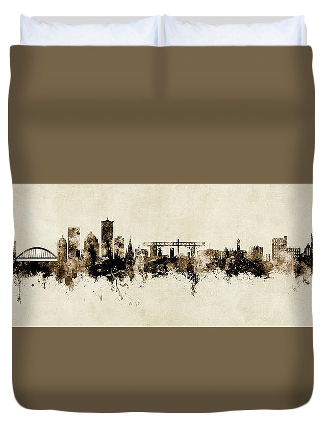 Rochester Duvet Cover featuring the digital art Rochester NY and Warrington UK skyline Vintage mashup by Michael Tompsett