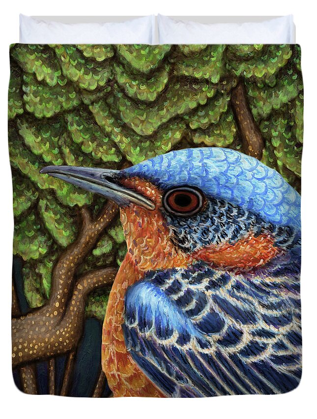 Bird Duvet Cover featuring the painting Rock Thrush Forest by Amy E Fraser