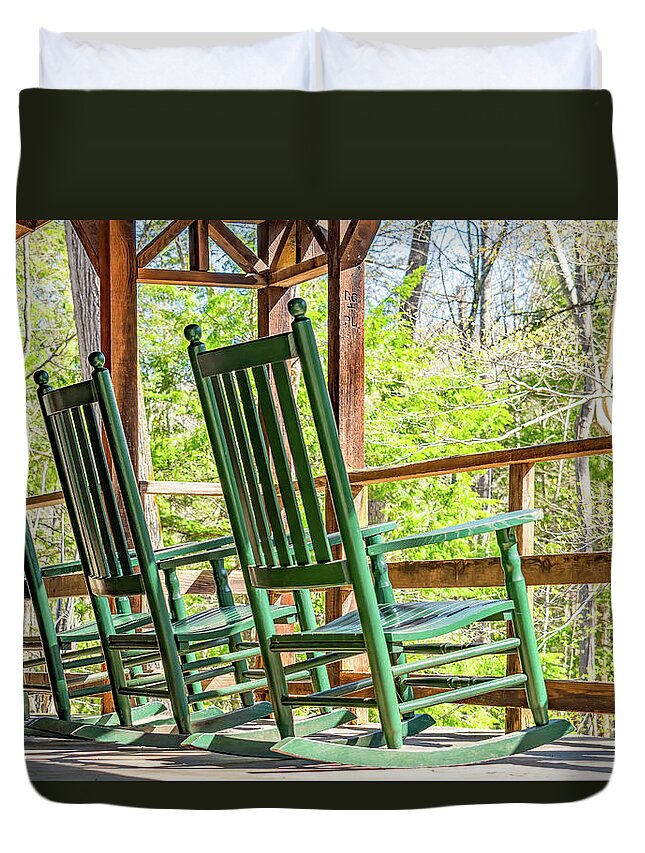 Elkmont Lodge Duvet Cover featuring the photograph Rocking Chair Respite, Elkmont Lodge by Marcy Wielfaert
