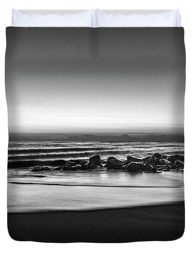 Birds Duvet Cover featuring the photograph Rocky Beach at Dawn Black and White by Debra and Dave Vanderlaan
