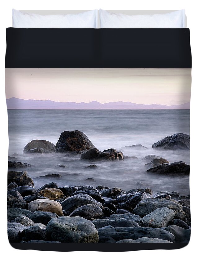 Mist Duvet Cover featuring the photograph Rocky Beach at Sunset by Naomi Maya