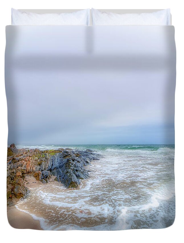 Wells Duvet Cover featuring the photograph Rocky Beach by Penny Polakoff