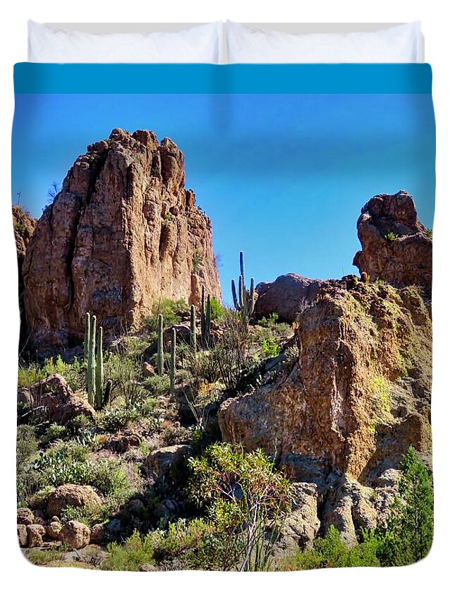 Arboretum Duvet Cover featuring the photograph Rocky HIghrises in the Sonoran Desert by Judy Kennedy