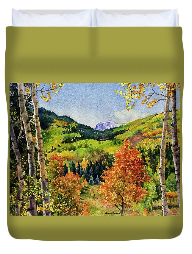 Fall Leaves Painting Duvet Cover featuring the painting Rocky Mountain Paradise by Anne Gifford