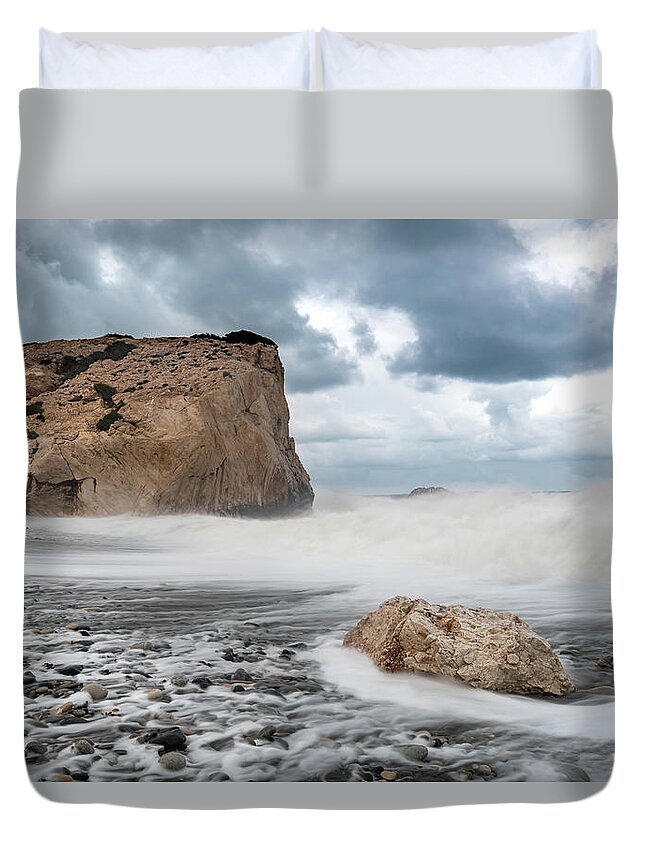 Waves Duvet Cover featuring the photograph Rocky Seascape during Storm by Michalakis Ppalis