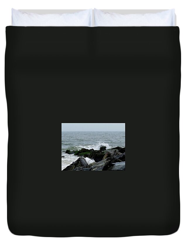 Waves Duvet Cover featuring the photograph Rocky Shores of the Atlantic Ocean in Cape May New Jersey by Linda Stern