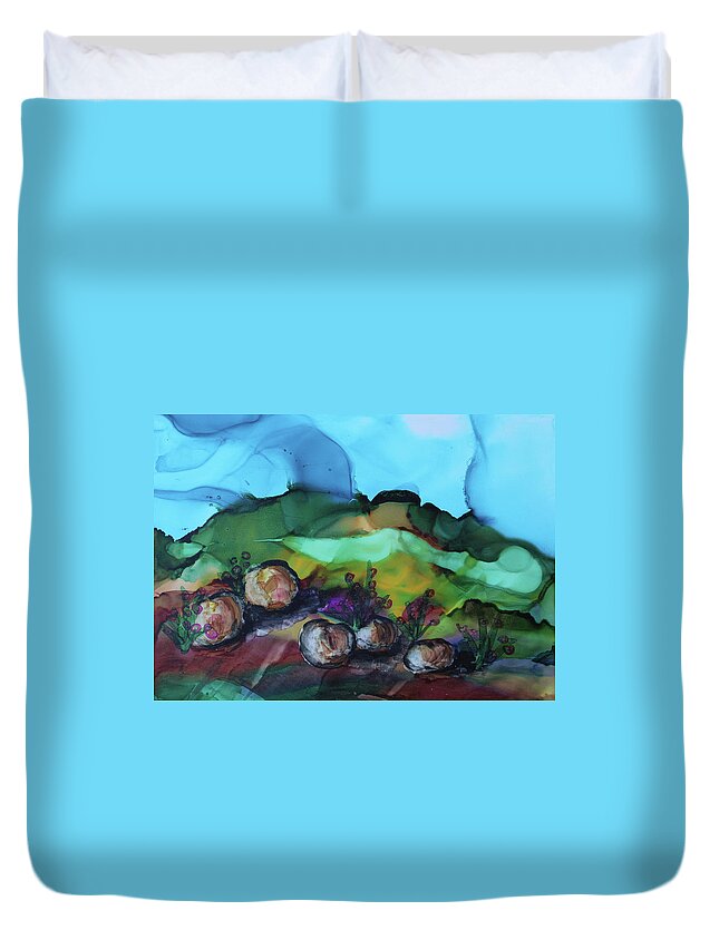 Landscape With Rocks Duvet Cover featuring the painting Rocky Shores by Sandra Fox