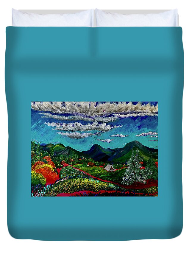 Farms Duvet Cover featuring the painting Rolling clouds over Betsy's farm. Williams, Oregon. by ArtStudio Mateo