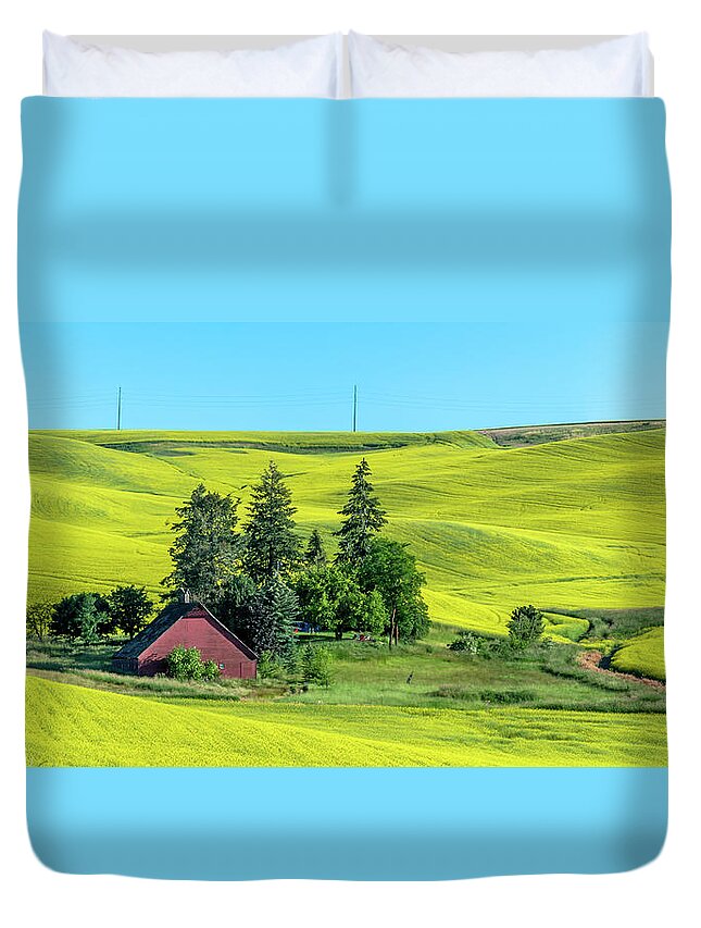 Outdoors Duvet Cover featuring the photograph Rolling Hills Canola and Barn by Doug Davidson