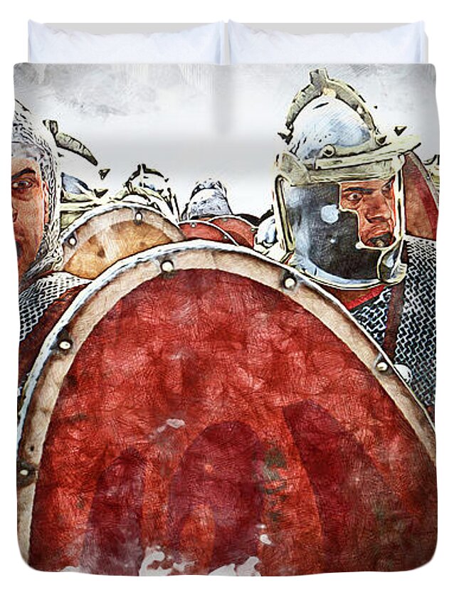 Roman Duvet Cover featuring the painting Roman legion in battle, 03 by AM FineArtPrints