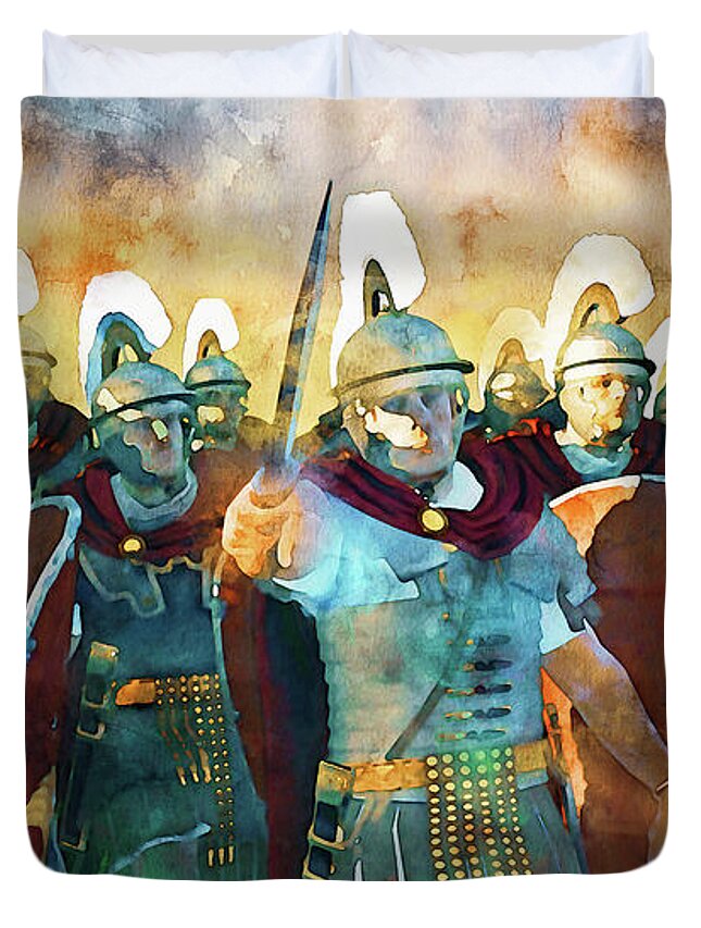 Roman Duvet Cover featuring the painting Roman legion in battle, 08 by AM FineArtPrints