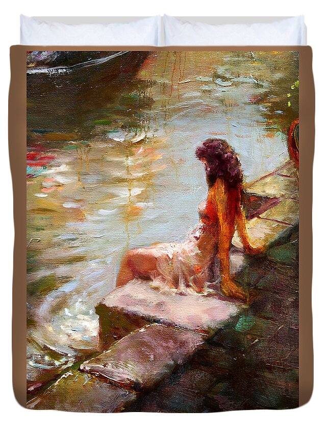 Romance Duvet Cover featuring the painting Romance in Venice Viola by Ylli Haruni
