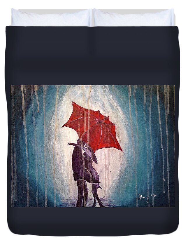 Romantic Couple Duvet Cover featuring the painting Romantic Couple under Umbrella by Roxy Rich