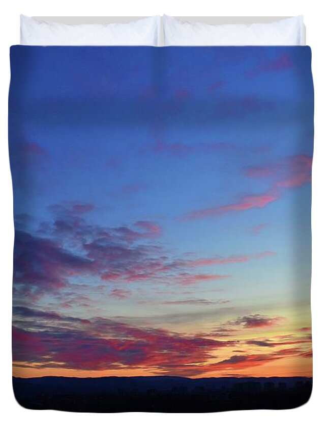 Nature Duvet Cover featuring the photograph Romantic Sunset with Love Story with Clouds by Leonida Arte