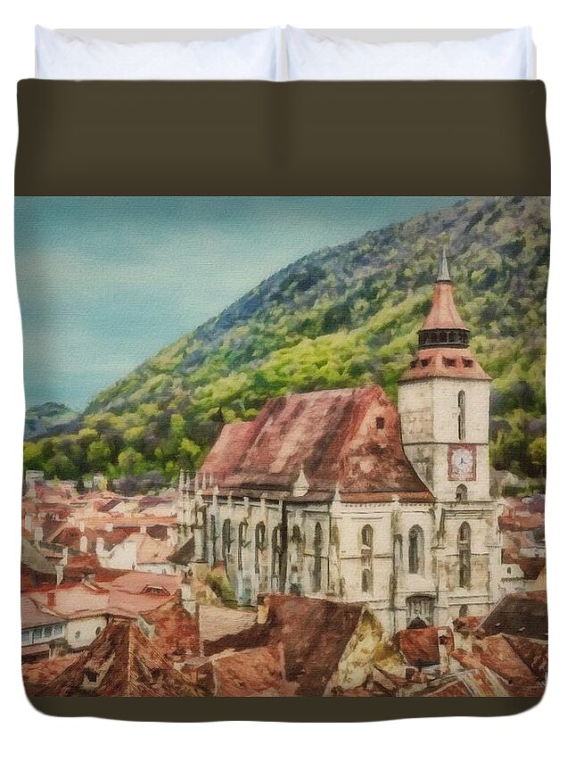 Brasov Duvet Cover featuring the painting Rooftops of Brasov by Jeffrey Kolker