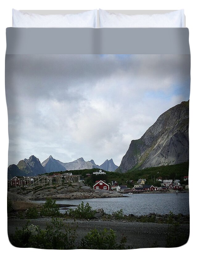 Caban Duvet Cover featuring the mixed media Rorbuer from Lofoten by Joelle Philibert