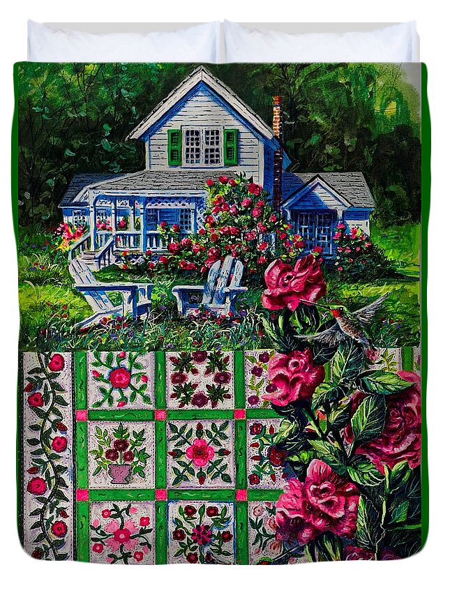 A Patchwork Quilt Of Traditional Rose Patterns In A Rose Garden With Hummingbirds Duvet Cover featuring the painting Rose Garden by Diane Phalen
