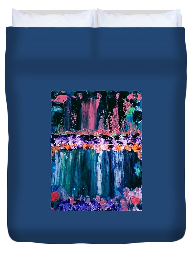 Waterfall Duvet Cover featuring the painting Roses And Waterfalls by Anna Adams