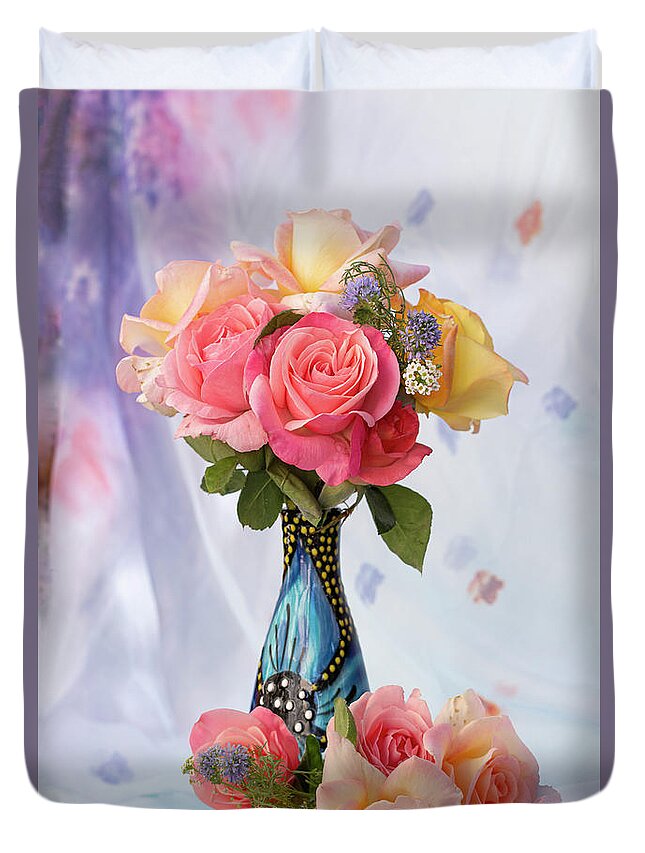 Roses Duvet Cover featuring the photograph Roses in a Blue Vase by Vanessa Thomas