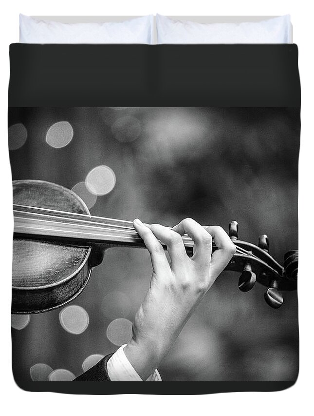 Violin Duvet Cover featuring the photograph Rosin Up - Monochrome by KC Hulsman