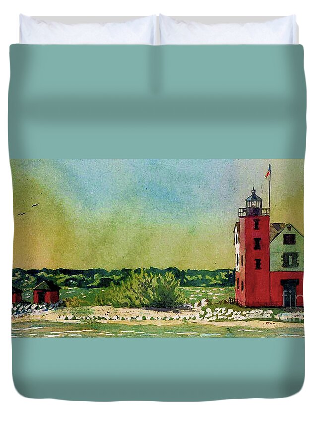 Michigan Duvet Cover featuring the painting Round Island Lighthouse, Lighthouse Painting, Lighthouse Print, Mackinaw Island by LeAnne Sowa