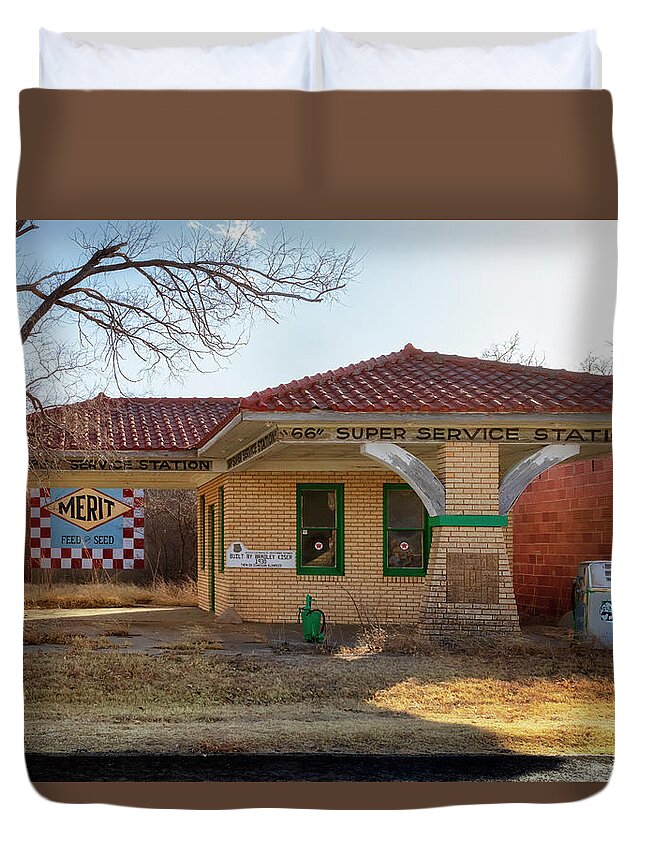  Super Service Station Duvet Cover featuring the photograph Route 66 - Super Service Station - Alanreed Texas by Susan Rissi Tregoning