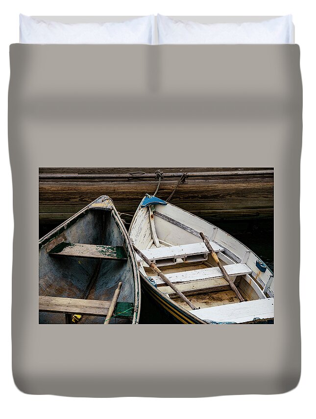 Blue Duvet Cover featuring the photograph Row boats tied to a dock by Oscar Gutierrez