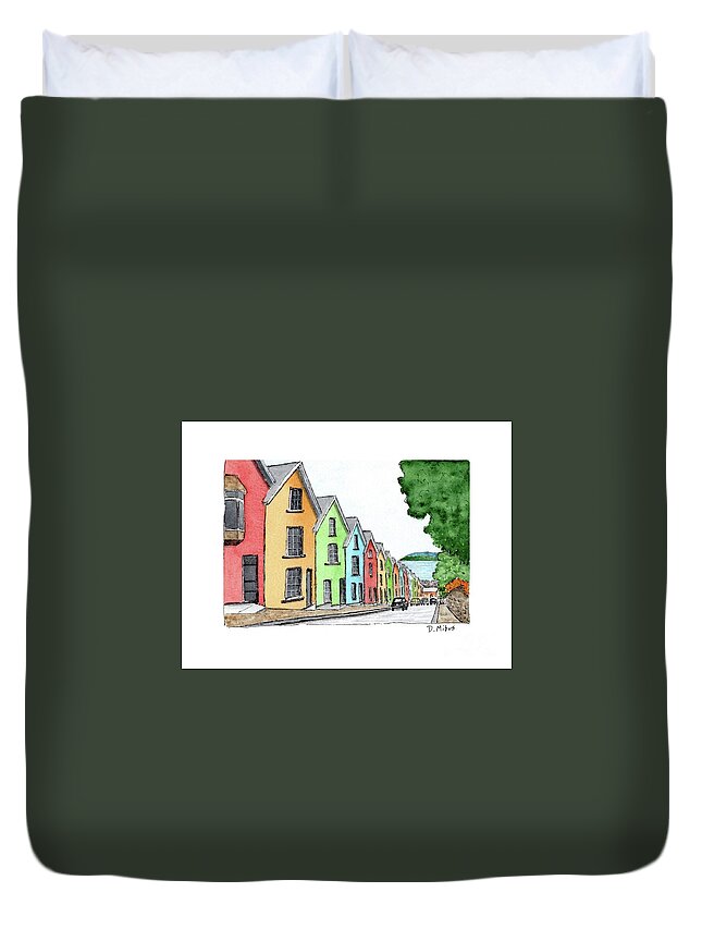 Colorful Houses Duvet Cover featuring the painting Row of Colorful Houses by Donna Mibus