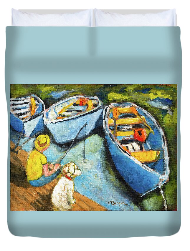 Rowboats Duvet Cover featuring the painting Rowboats at Clear Lake, OR by Mike Bergen