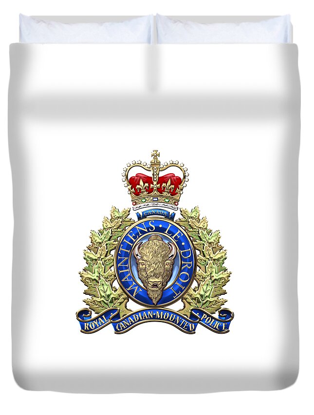 'insignia & Heraldry' Collection By Serge Averbukh Duvet Cover featuring the digital art Royal Canadian Mounted Police - R C M P Badge over White Leather by Serge Averbukh
