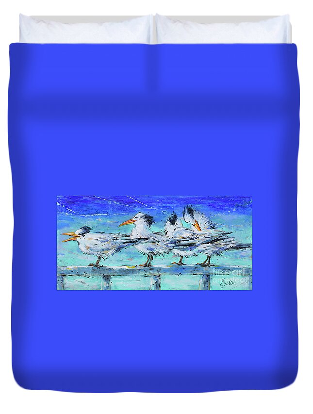 Royal Tern Duvet Cover featuring the painting Lounging Royal Terns by Jyotika Shroff
