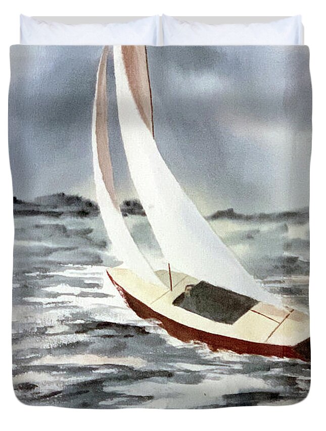 Watercolor Seascape Paiinting Duvet Cover featuring the painting Rudderless in Reality--Sailboat Watercolor by Catherine Ludwig Donleycott