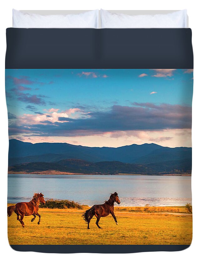 Animal Duvet Cover featuring the photograph Running Horses by Evgeni Dinev