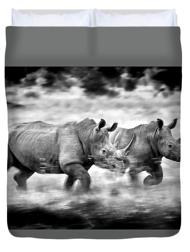 White Duvet Cover featuring the photograph Running Rhinos, South Africa by Stu Porter
