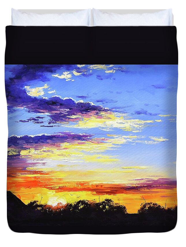 Sunset Duvet Cover featuring the painting Rural bush sunset by Graham Gercken