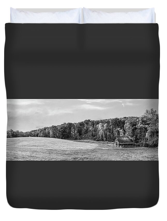 Panorama Duvet Cover featuring the photograph Rural Country Barn Panorama Black and White by Debra and Dave Vanderlaan