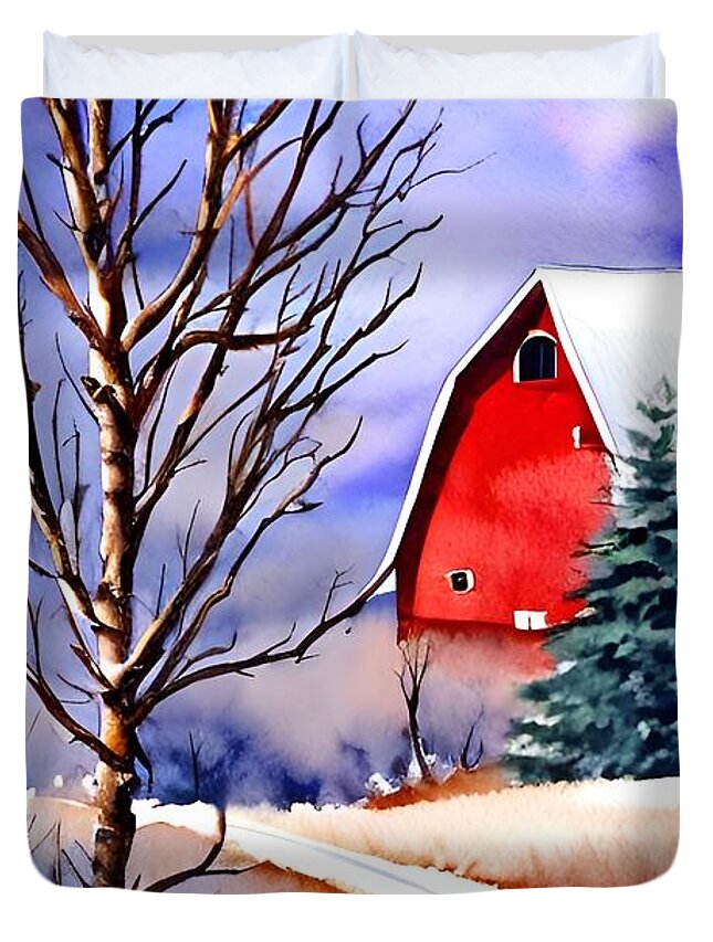 Redbarn Duvet Cover featuring the mixed media Red Barn - rural life, first snowfall by Bonnie Bruno