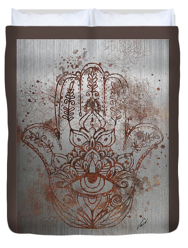 Rust Duvet Cover featuring the painting Rust - The Hamsa by Vart by Vart