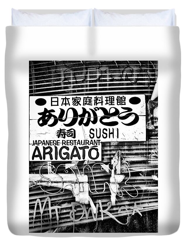 Sushi Duvet Cover featuring the photograph Rustic Sign of a Sushi Restaurant by Tito Slack