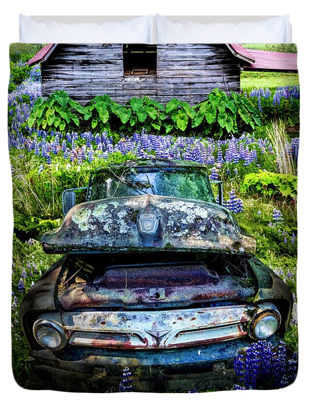 Barn Duvet Cover featuring the photograph Rusty Ford by the Star Barn by Debra and Dave Vanderlaan