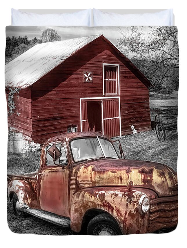 1949 Duvet Cover featuring the photograph Rusty Reds on a Country Farm Black and White by Debra and Dave Vanderlaan